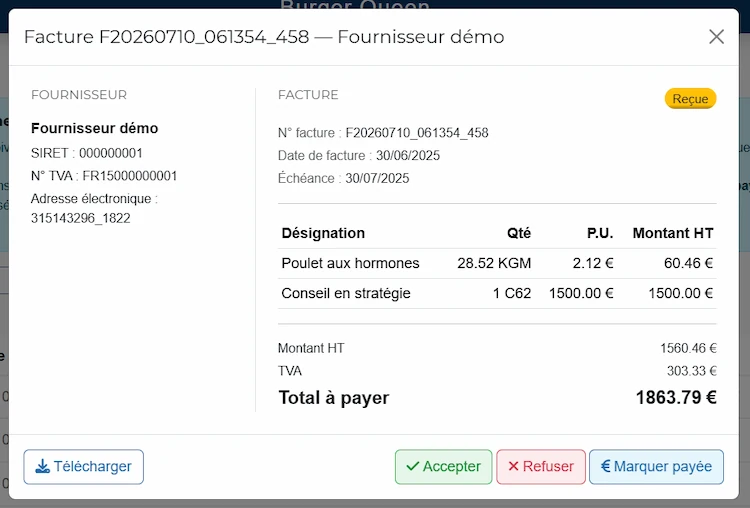 Détail du suivi d'une facture électronique sur ClariPro